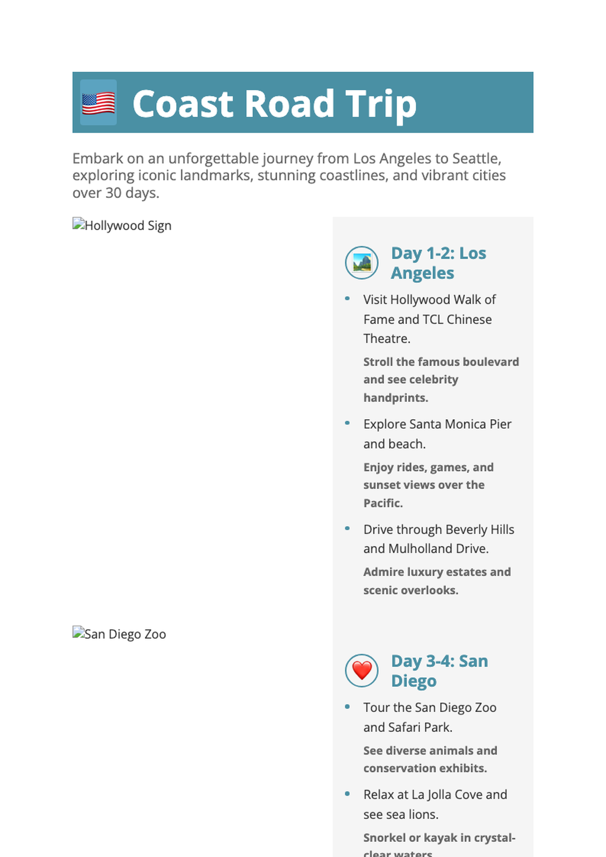 One month USA West Coast road trip itinerary with daily destinations and icons_variant_2